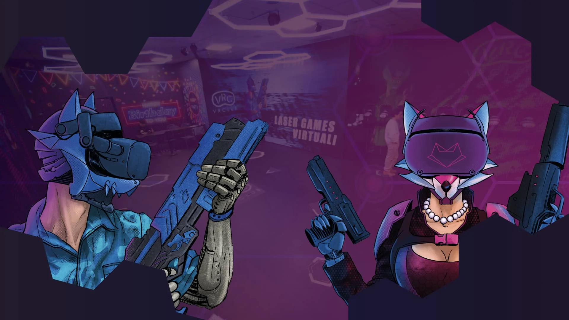 Immagine di copertina, con i personaggi di VR Club: Blue Wolf e Foxy. Sullo sfondo la Sala VR di Milano Bicocca.